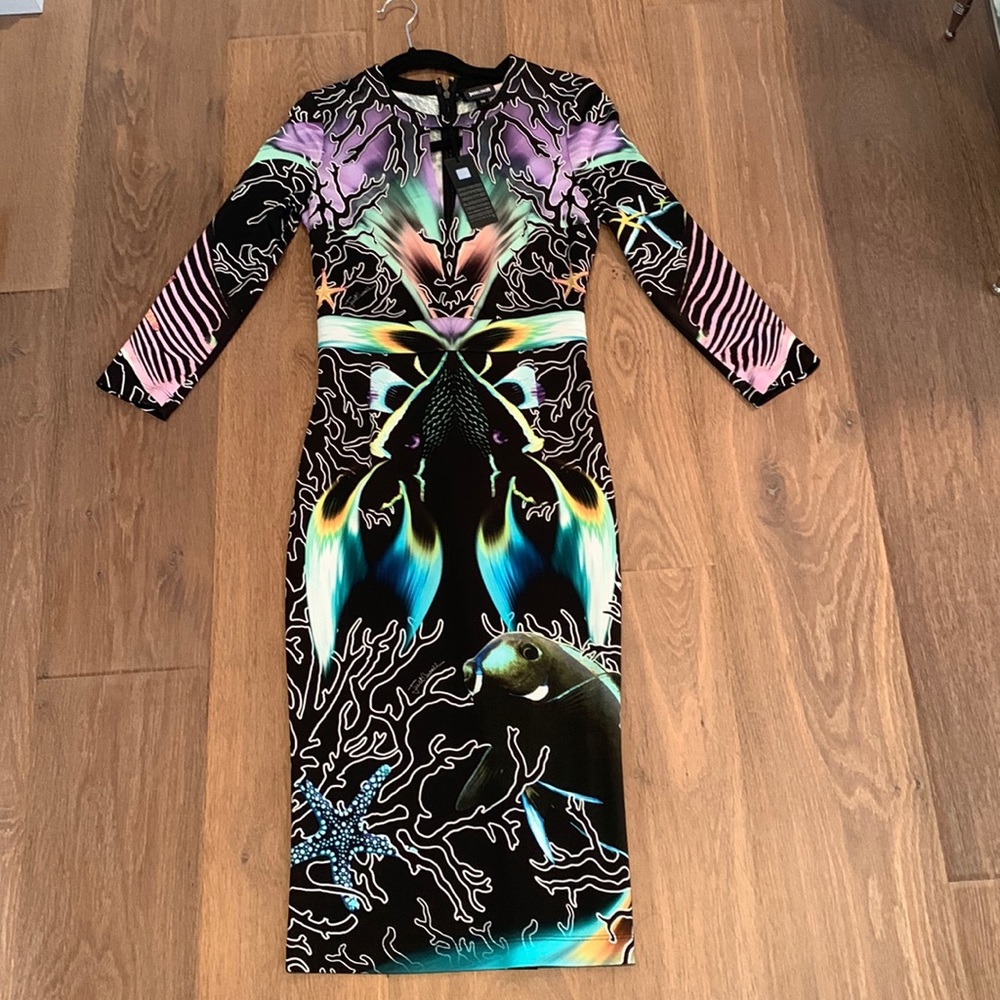 Just Cavalli Black Multi-Color Long Sleeve Printed Bodycon Dress
